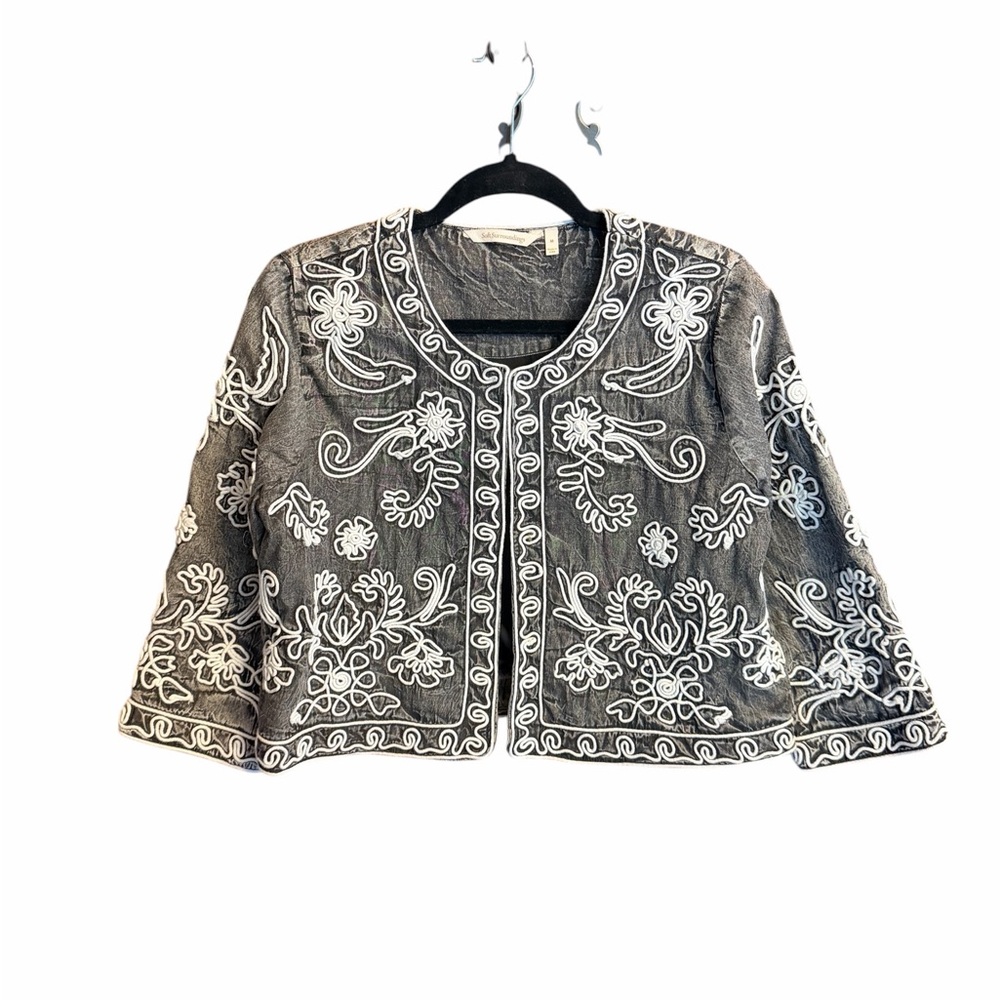 Soft Surroundings Wildwood Bolero Embroidered Jacket Acid Wash Gray White - Picture 2 of 11